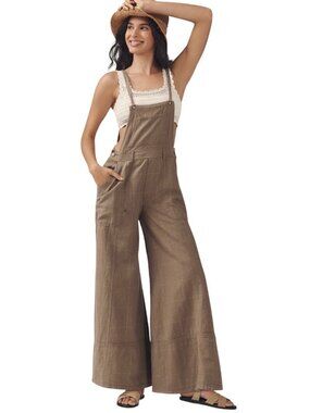 Anthropologie Pilcro Carpenter Wide Leg Linen Blend Jumpsuit Size L Window Pane